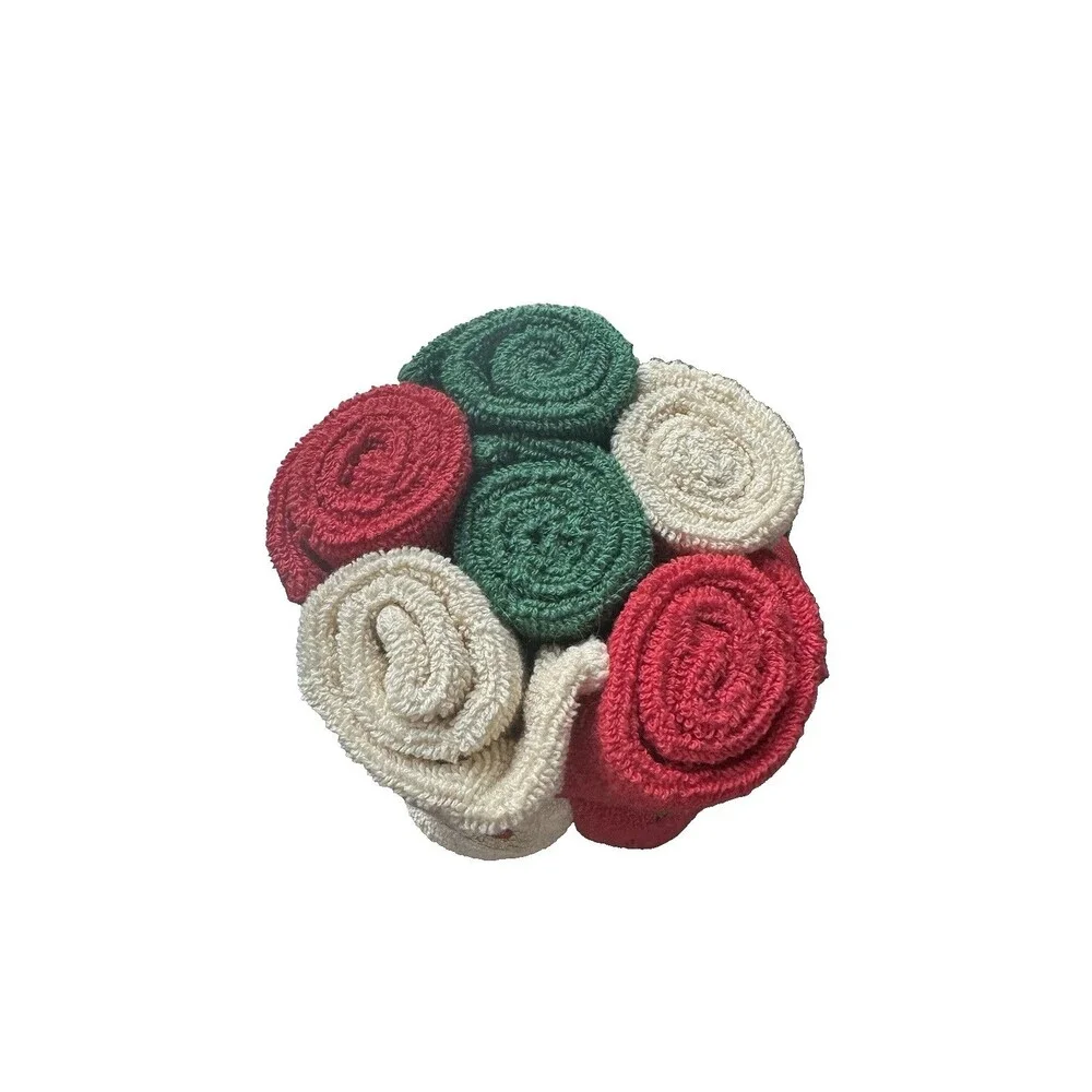 Vintage Bath Set of 6 Christmas Embroidery Multicolor Wash Cloths/Towels- New